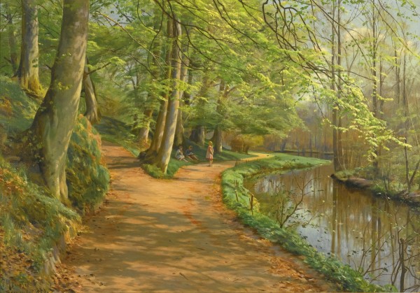 Kids talking on a path along the stream by Peter Mork Monsted